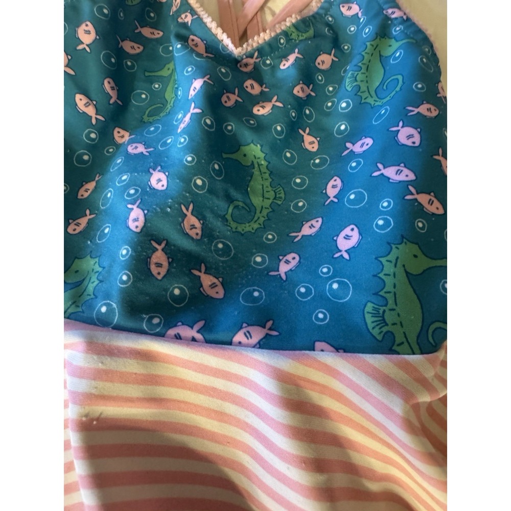 SweetHoney‎ Sweet Honey 3T Toddler Girl Skirted Swimsuit Pink Green White Fish - Picture 2 of 4